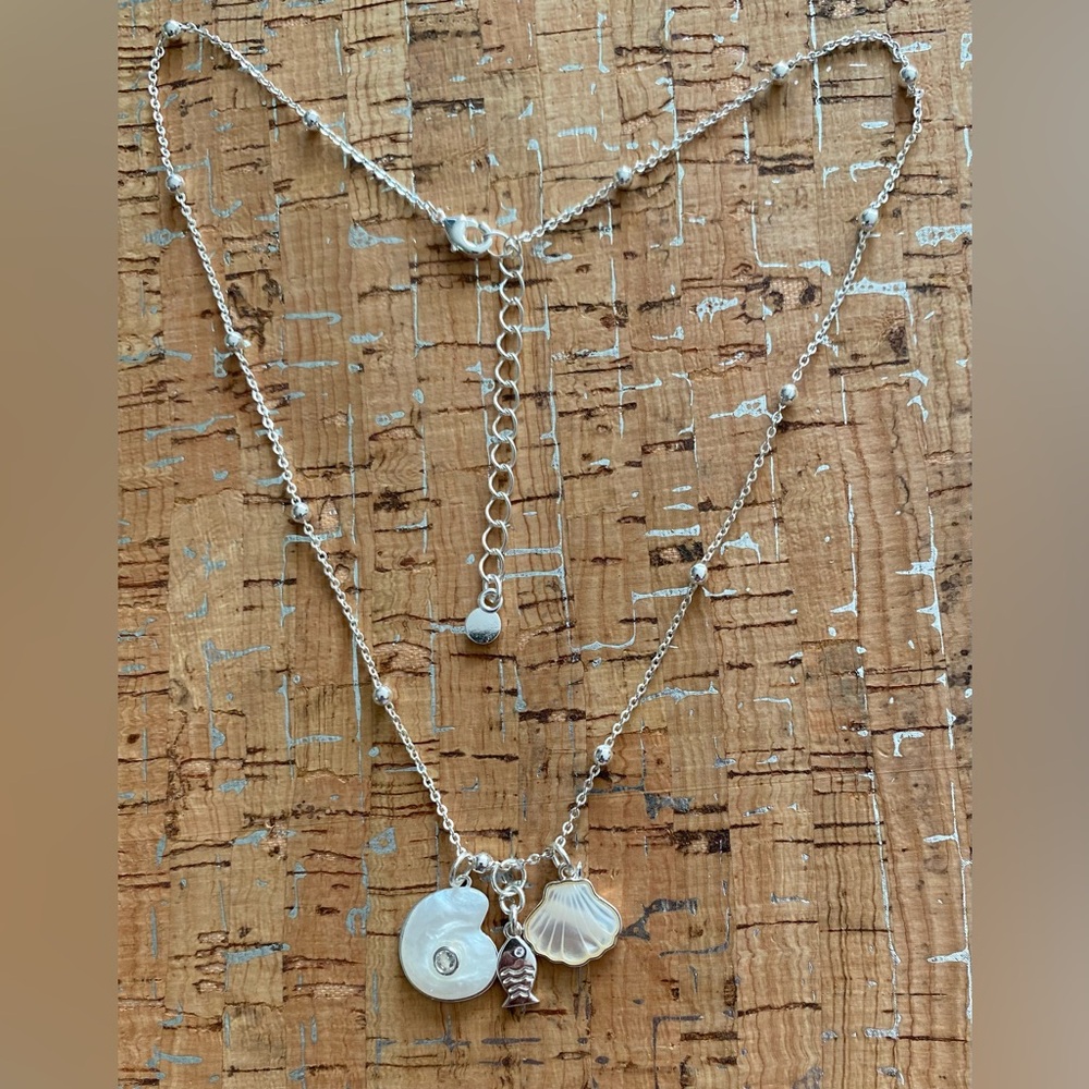 Silver Layered Seashell Charm Necklace - White and Silver